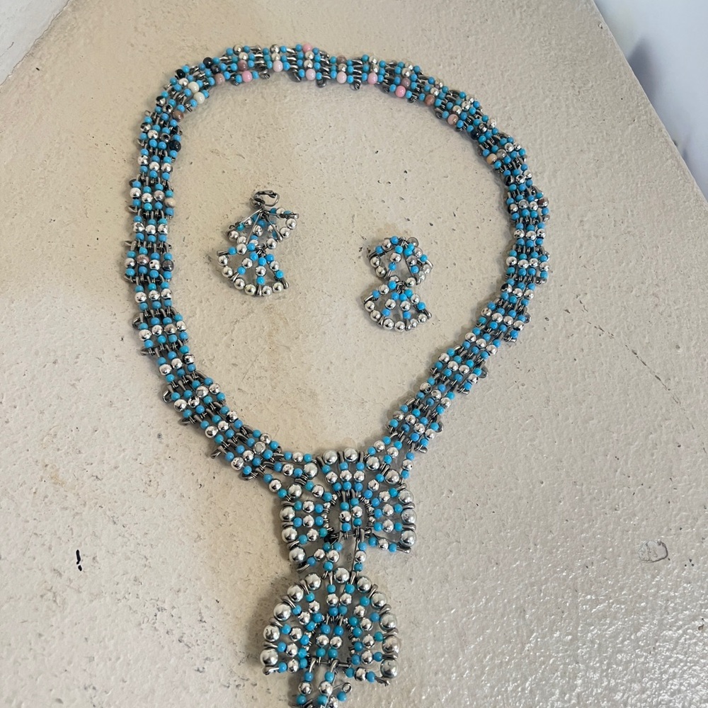 1970's Silvertone Turquoise Safety Pin Necklace & Earring Set Southwestern‎ - Picture 12 of 12